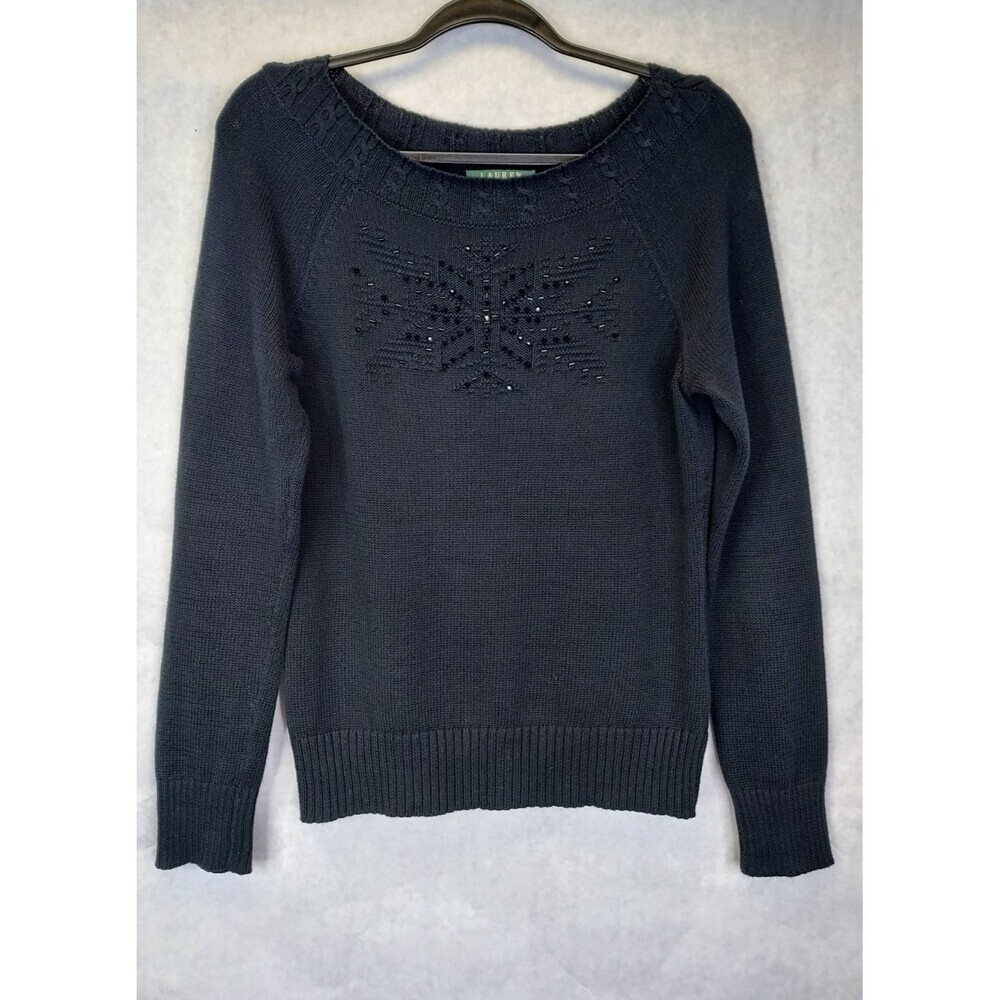 LRL Ralph Lauren Beaded Sweater Women's M Black Cotton Long Sleeve Preppy Luxury